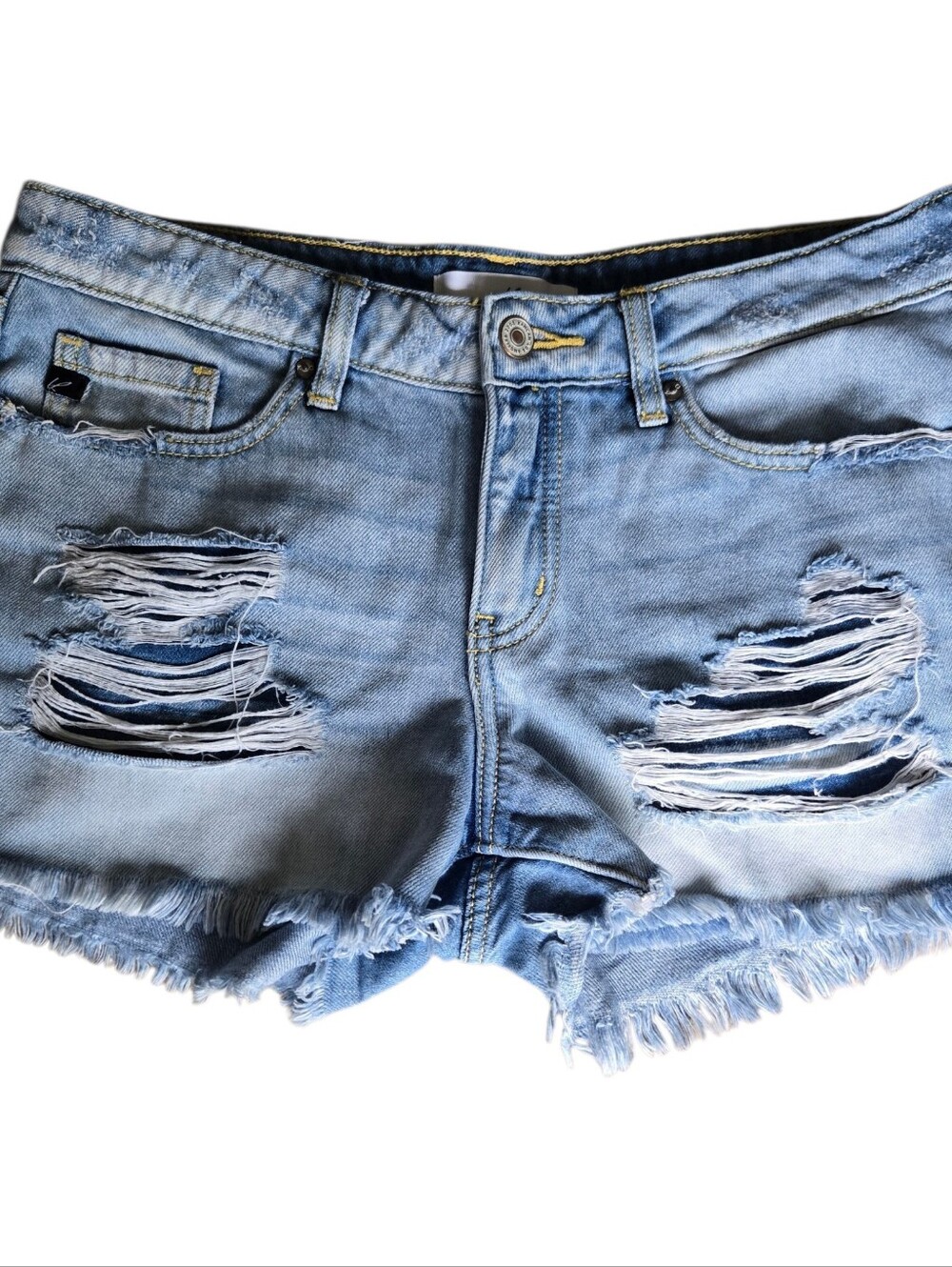 KanCan Distressed Denim Shorts Womens 7 27 Frayed Raw Hem Blue Stretch Jean